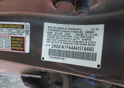 2010 Honda Civic Lx-S from USA, damaged, VIN 2HGFA1F64AH518460